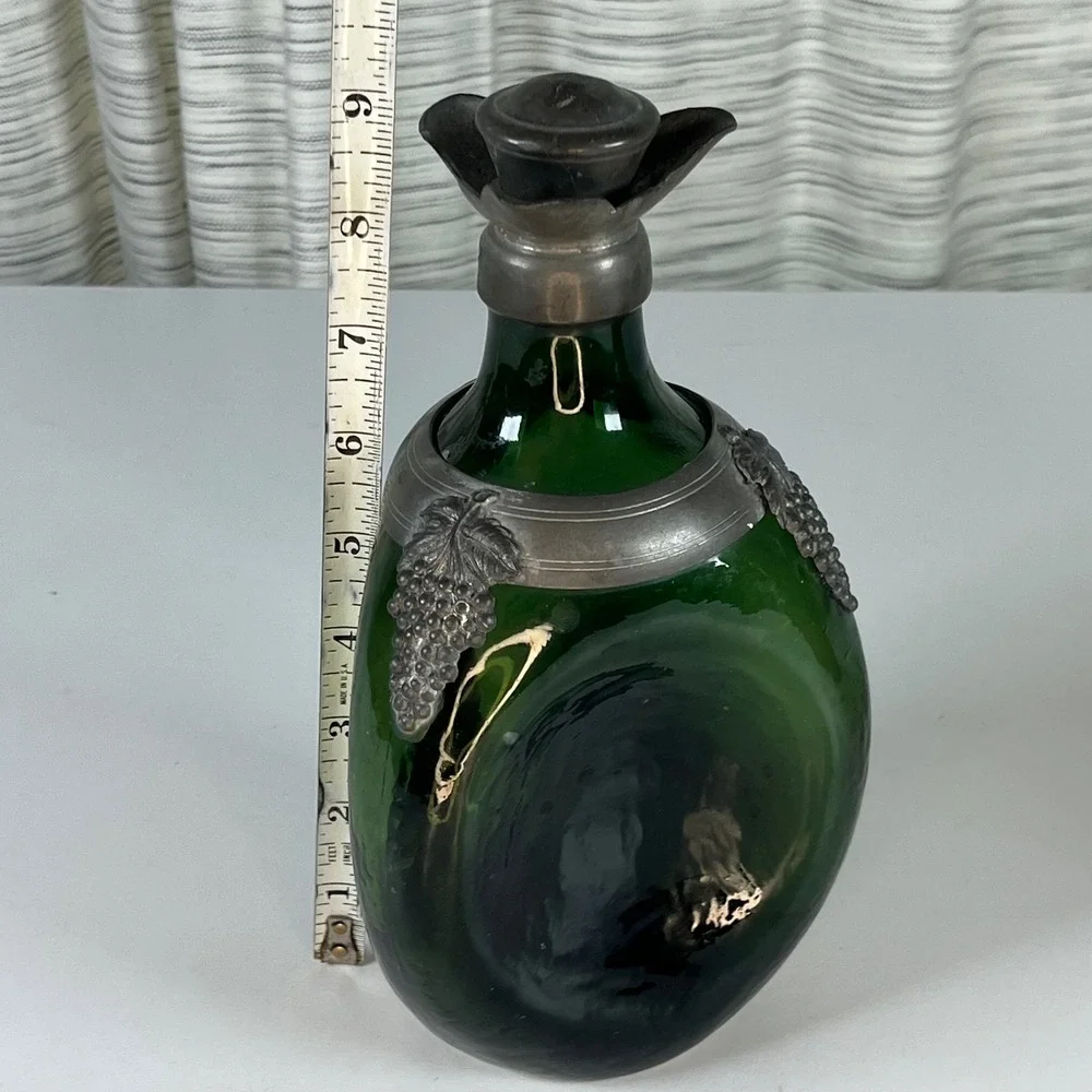 Vintage Decanter Set Green Amber Glass Italy OS Good Pewter Grape Overlay